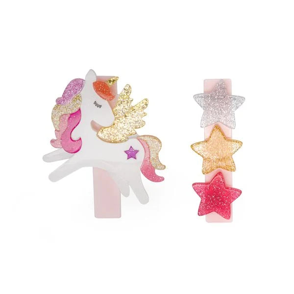 Lilies & Roses  Glitter Hair Clips - Unicorn Winged Coral Stars