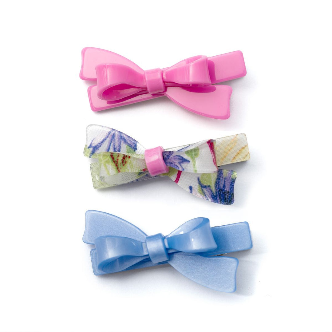 Lilies & Roses Bows Pink Satin Blue Trio Hair Clips