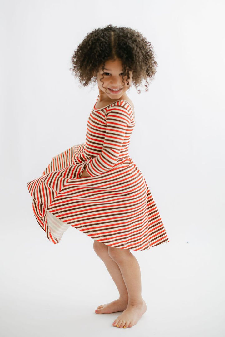 Good Apples Twirl Dress in Brick & Brown Stripes