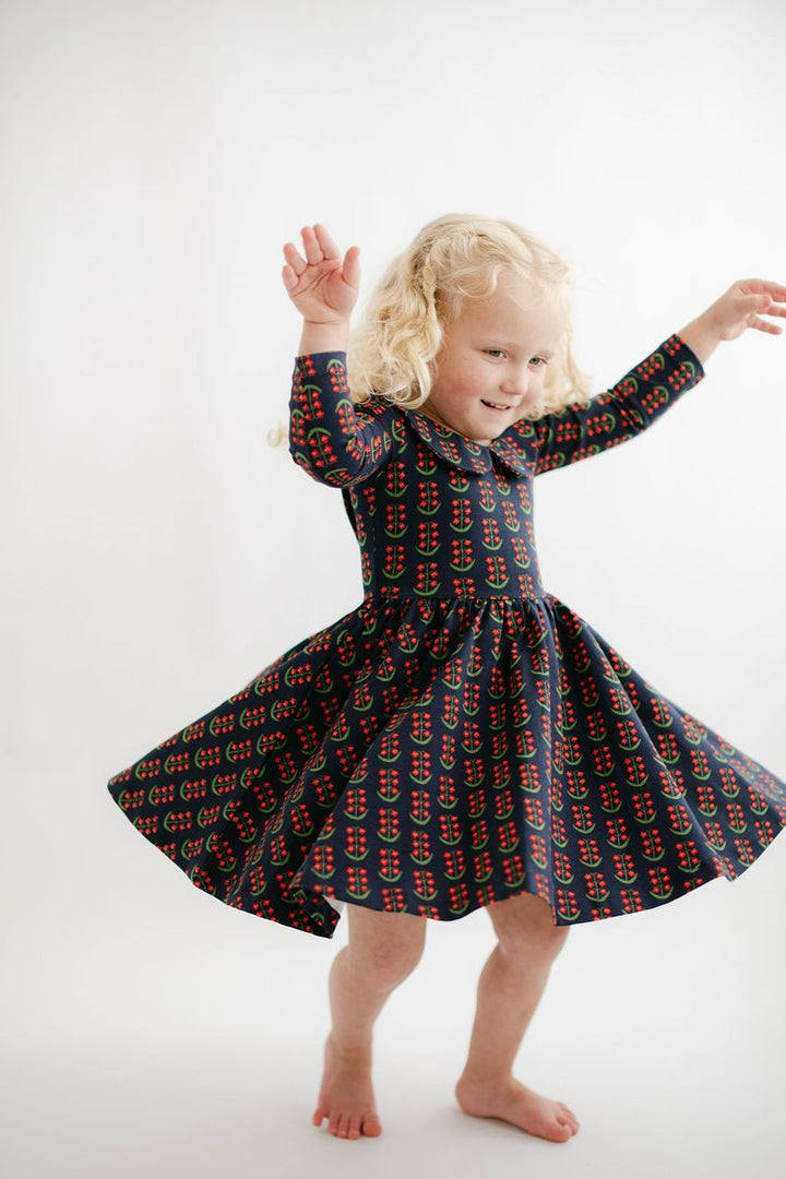 Good Apples Twirl Dress - Navy Floral Collared