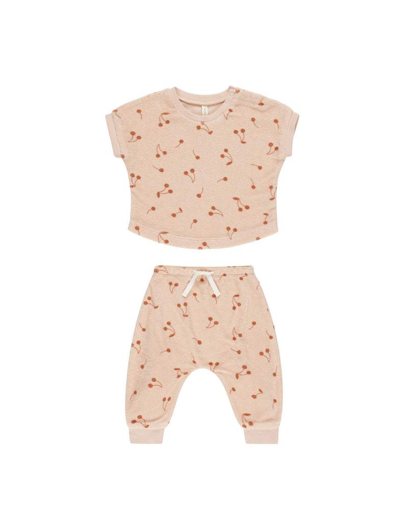 Quincy Mae Terry Tee + Pant Set - Cherries