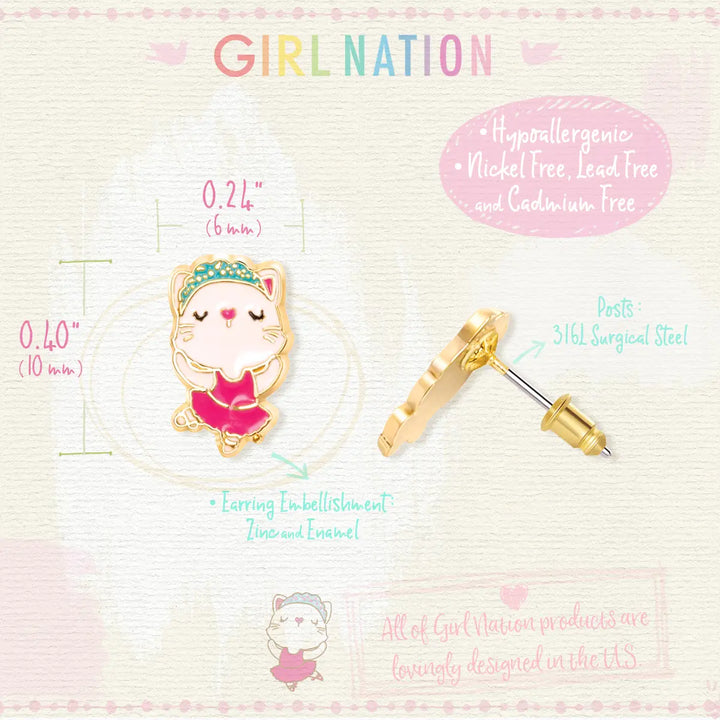 Girl Nation Ballerina Kitty Cutie Stud Earrings