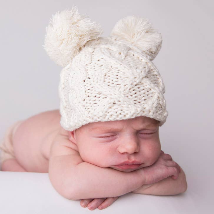 Huggalugs Newborn Baby Aran Natural Double Pom Pom Beanie