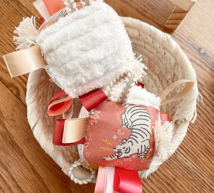 The Bird & Elephant Plush Block Baby Tag Toy - Tiger Sun