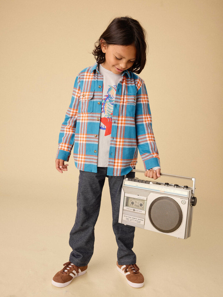 Tea Collection Flannel Button Up Shirt - Blue and Orange