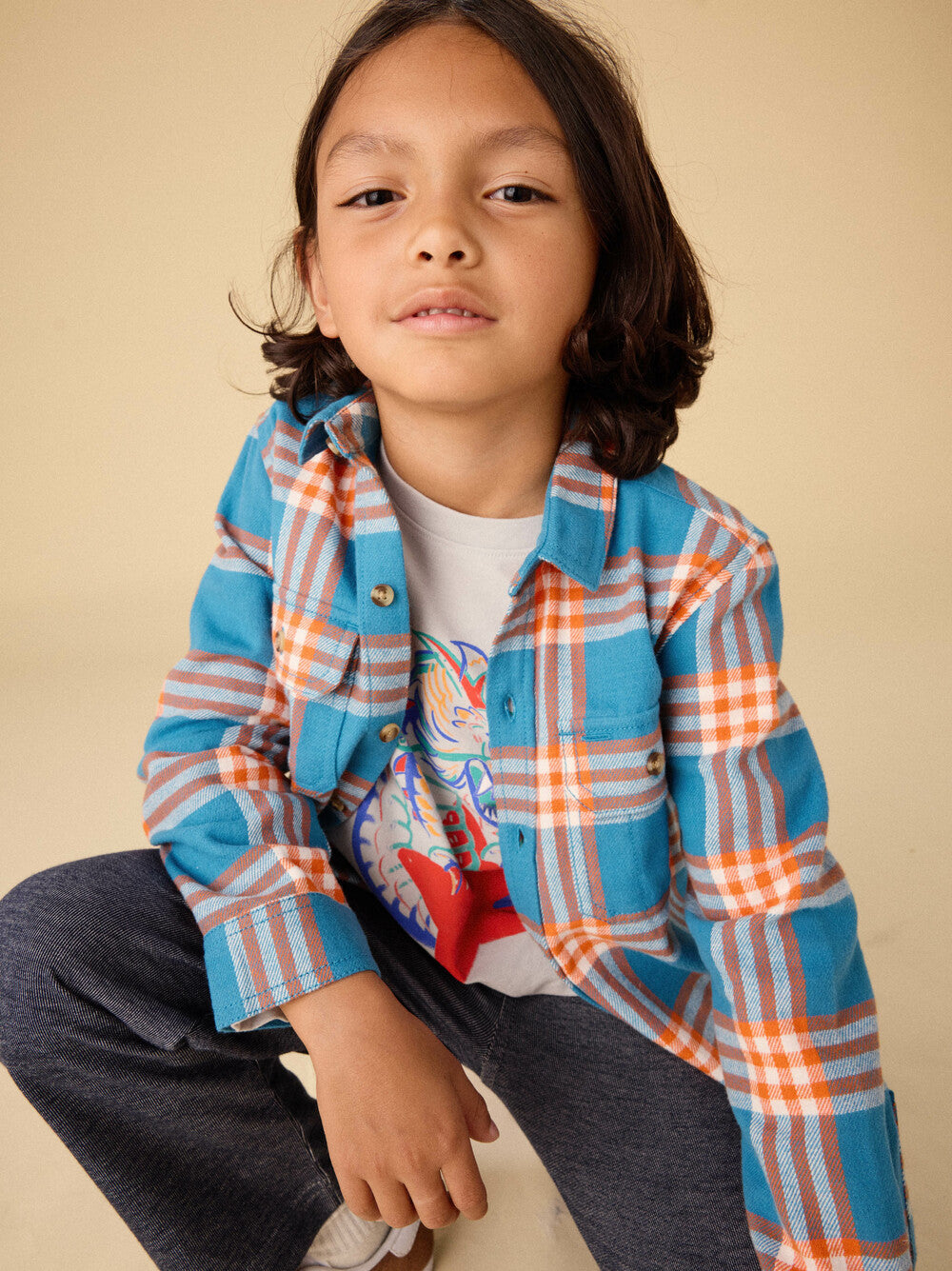 Tea Collection Flannel Button Up Shirt - Blue and Orange