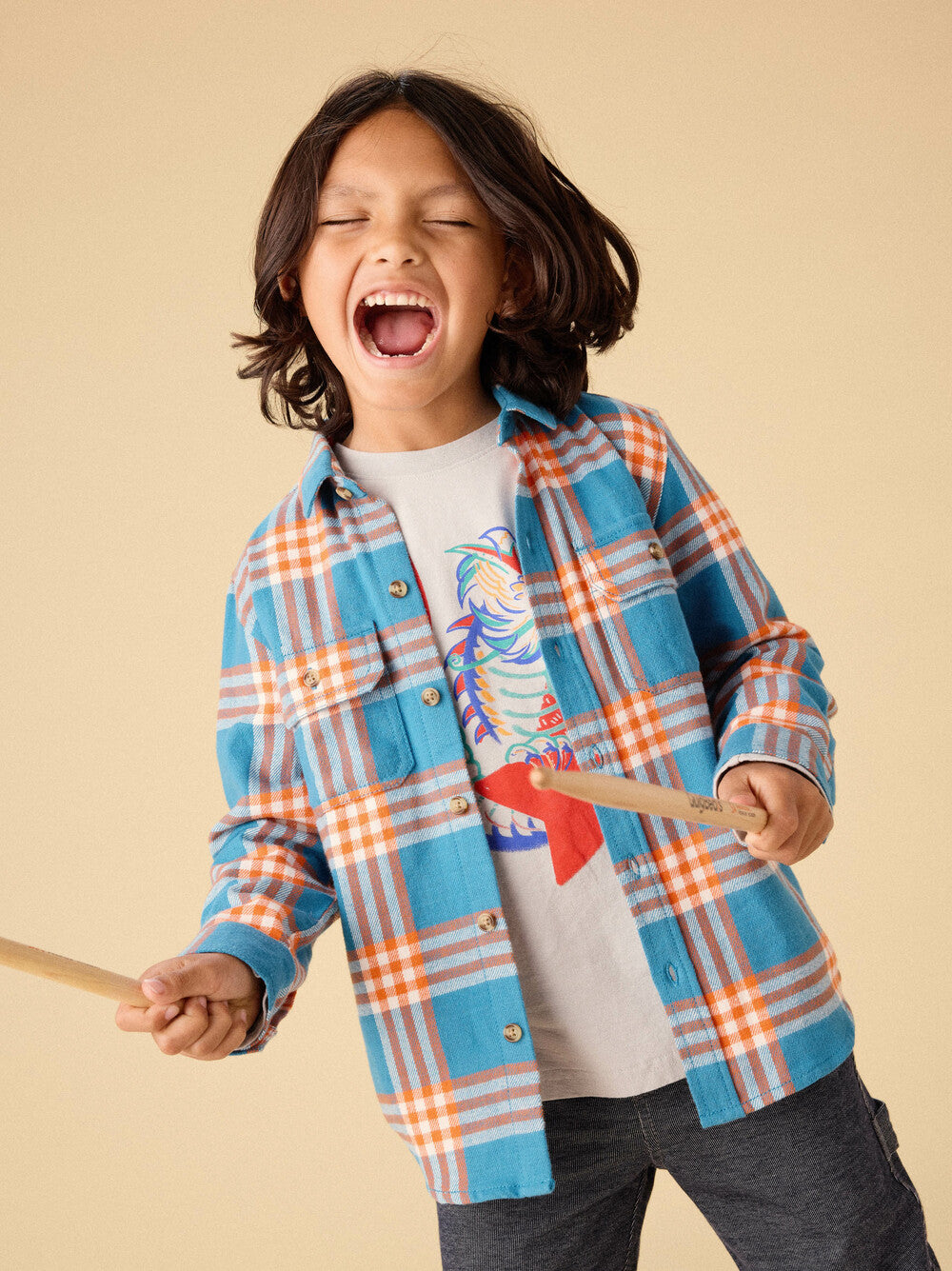 Tea Collection Flannel Button Up Shirt - Blue and Orange