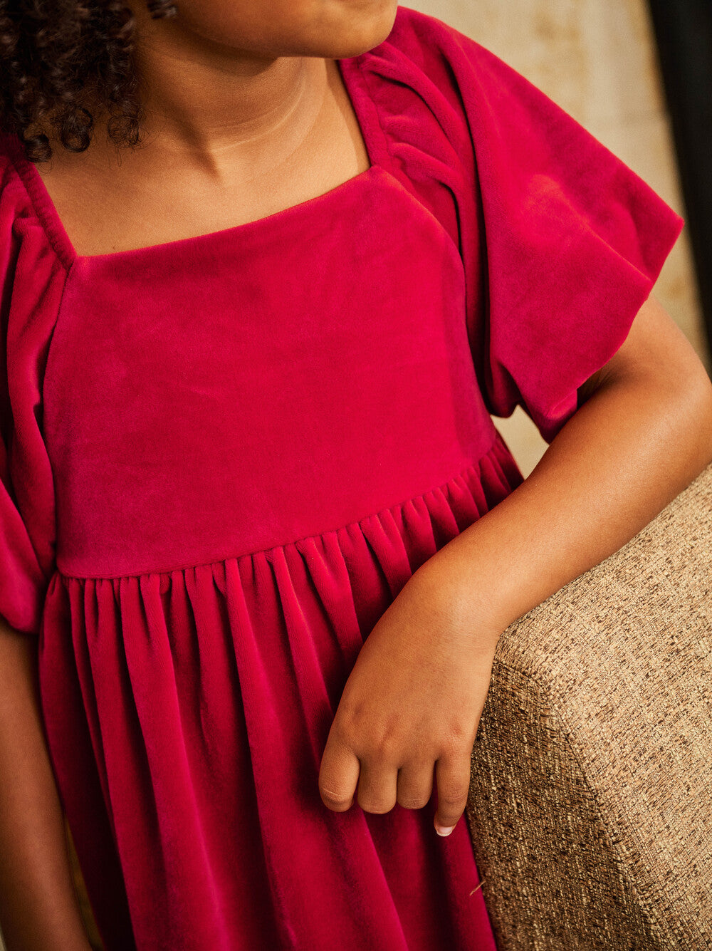 Tea Collection Puff Shoulder Velour Dress - Red Wagon