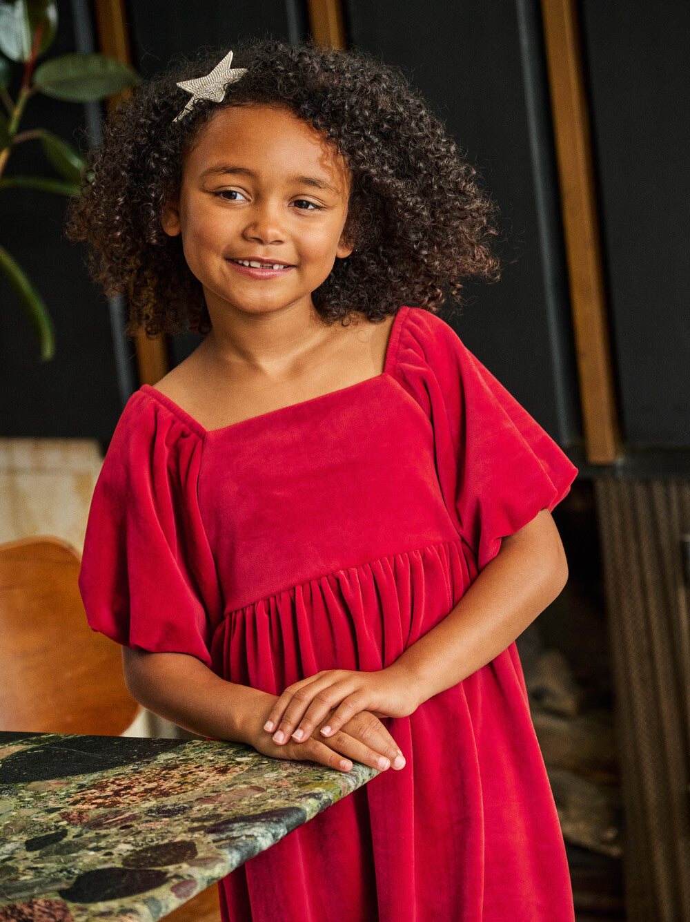 Tea Collection Puff Shoulder Velour Dress - Red Wagon