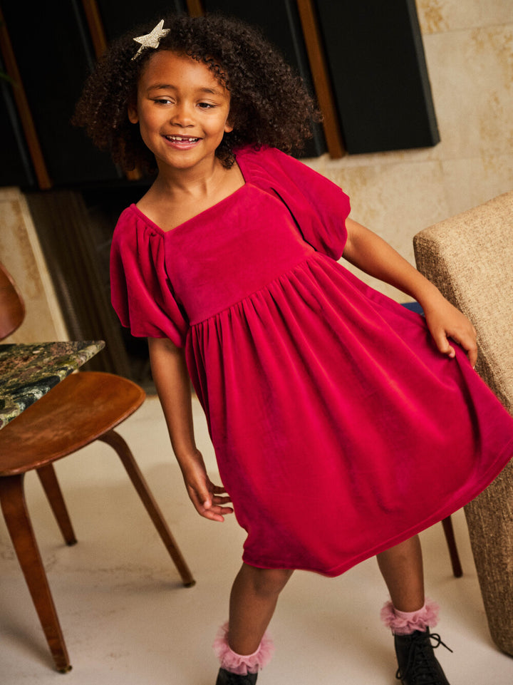 Tea Collection Puff Shoulder Velour Dress - Red Wagon