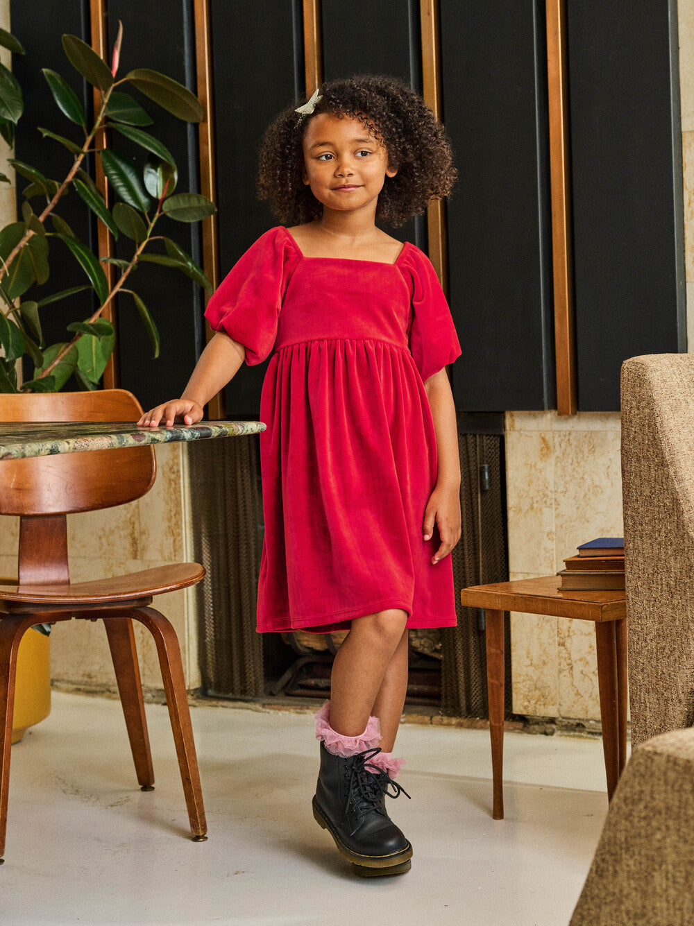 Tea Collection Puff Shoulder Velour Dress - Red Wagon