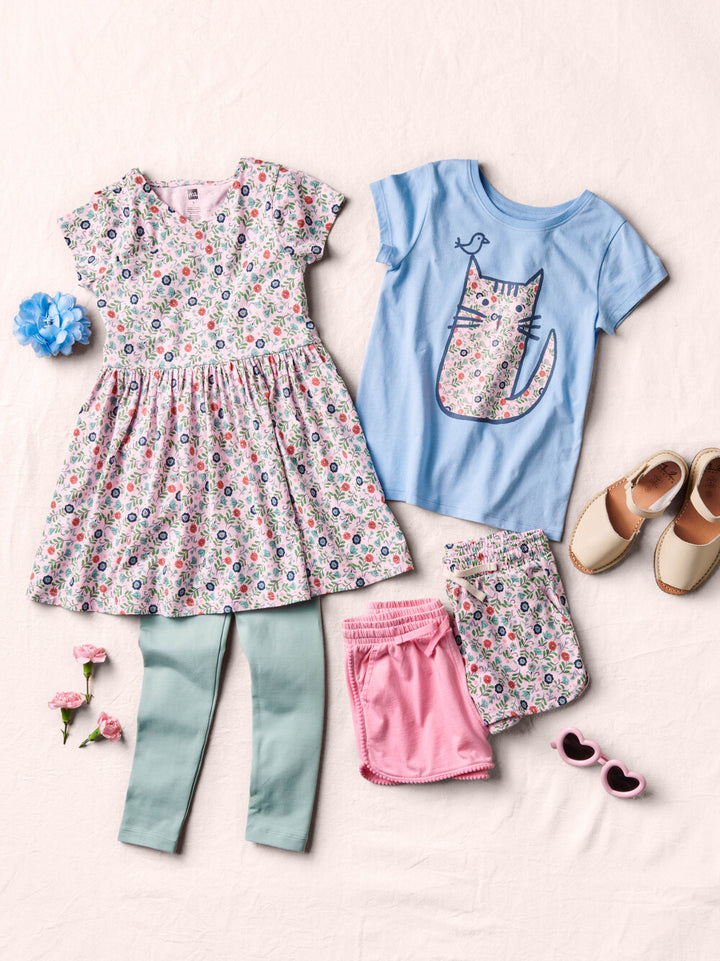 Tea Collection Short Sleeve Wrap Neck Dress - Azulejos Florales