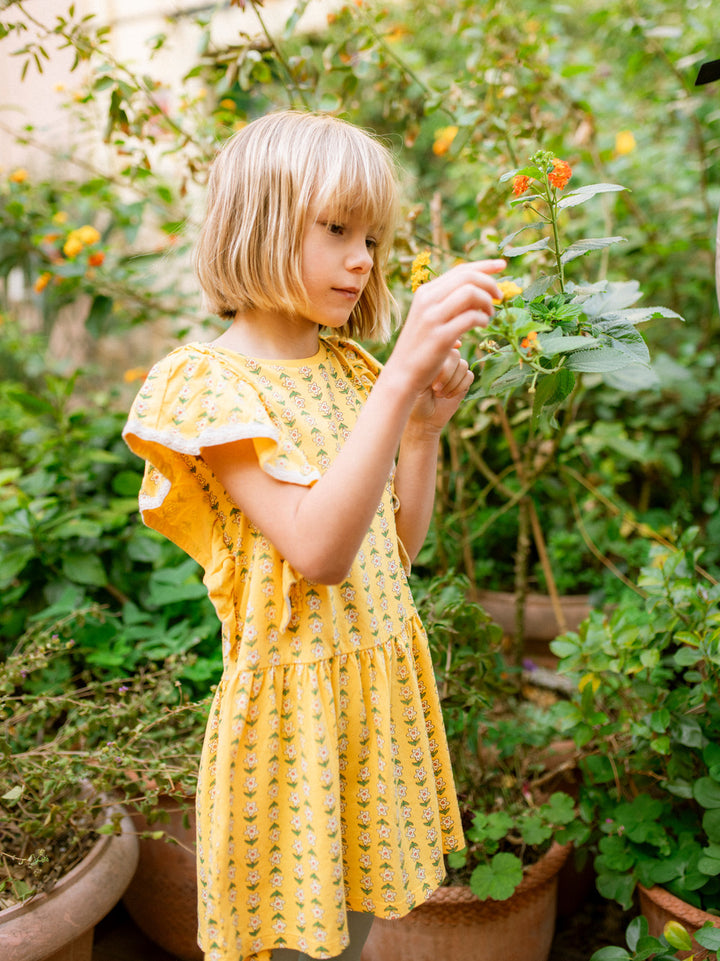 Tea Collection Crochet Trim Ruffle Dress - Vintage Floral Tiles