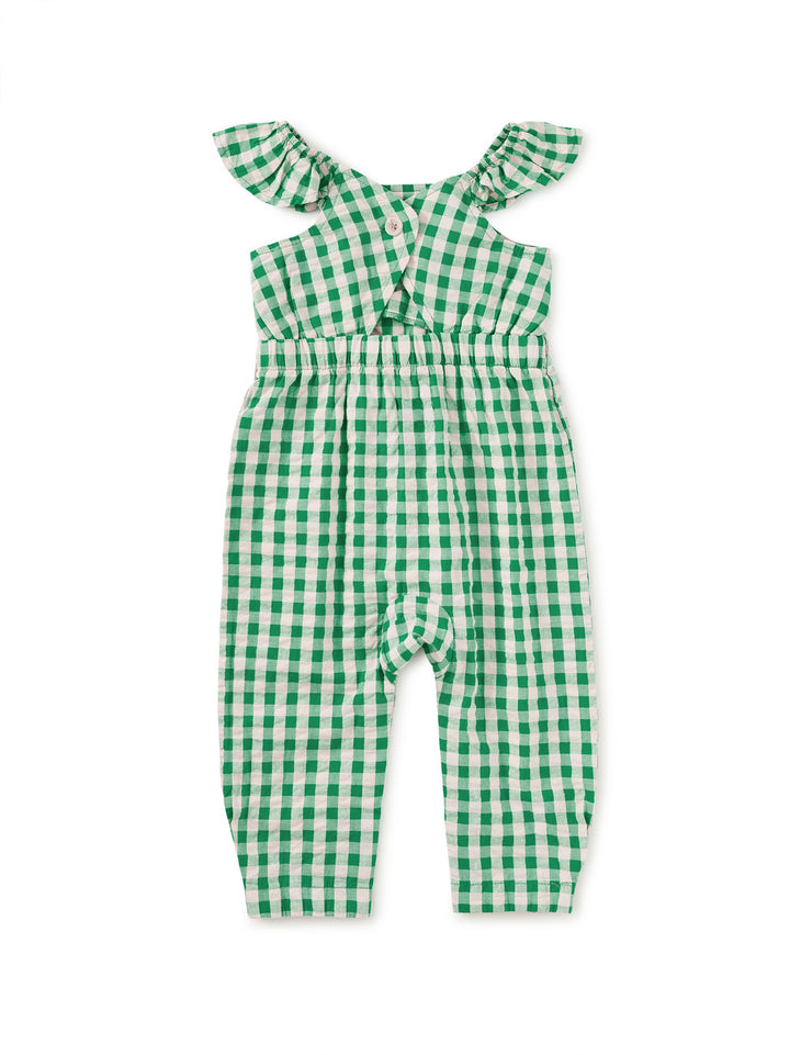 Tea Collection Flutter Button Back Baby Romper - Garden Party Check