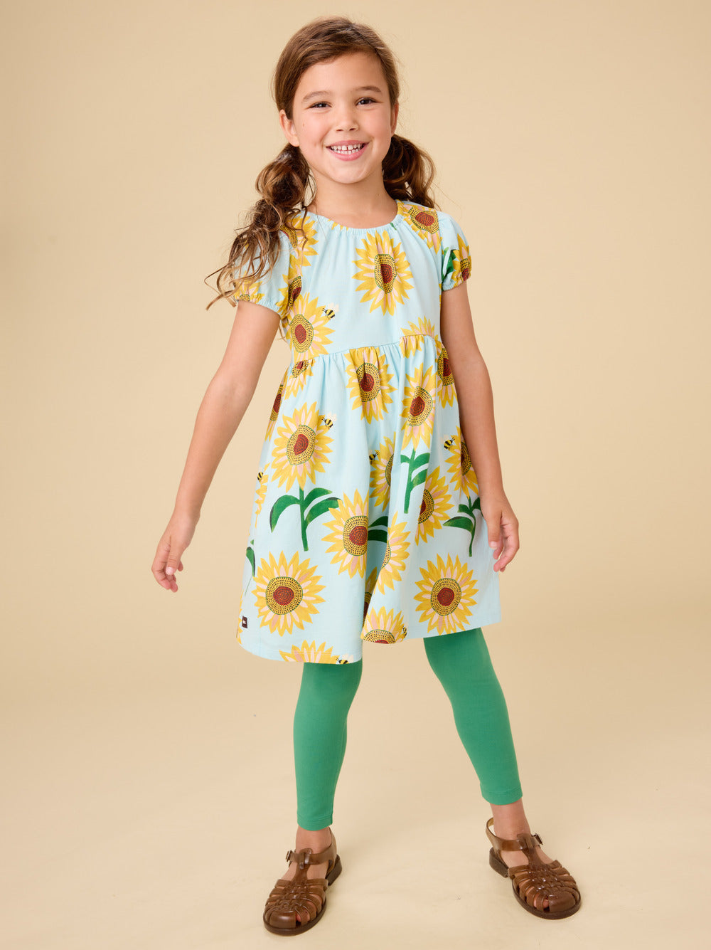 Tea Collection Puff Sleeve Empire Dress - Painted Sunflowers