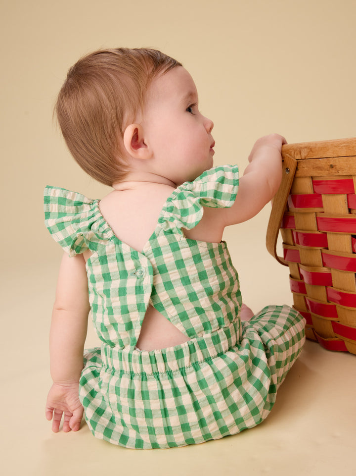 Tea Collection Flutter Button Back Baby Romper - Garden Party Check