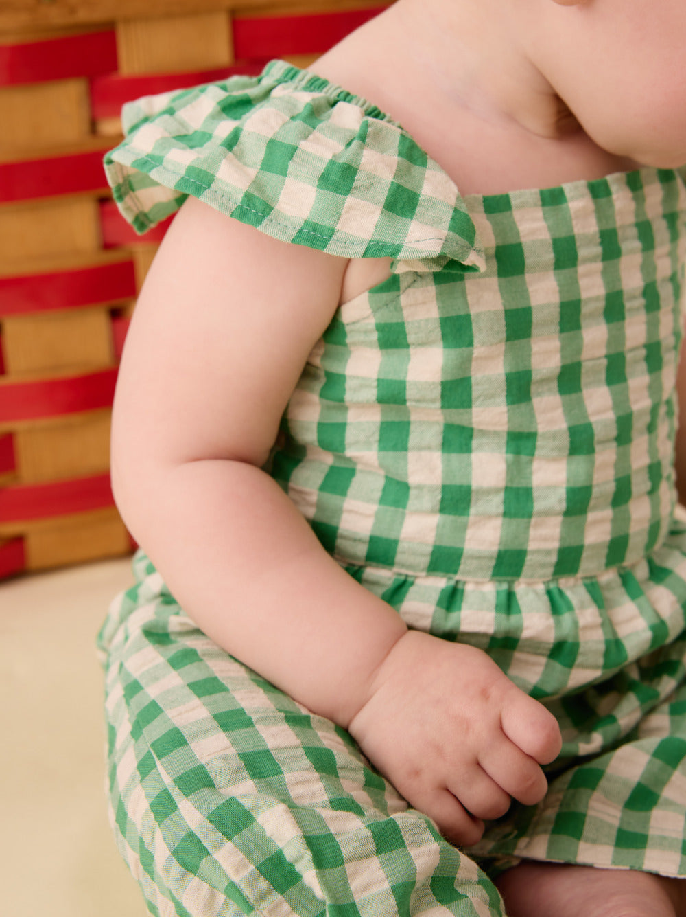 Tea Collection Flutter Button Back Baby Romper - Garden Party Check