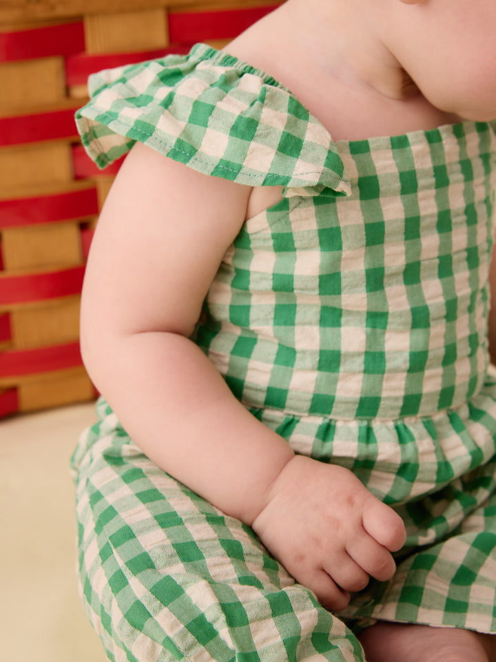 Tea Collection Flutter Button Back Baby Romper - Garden Party Check