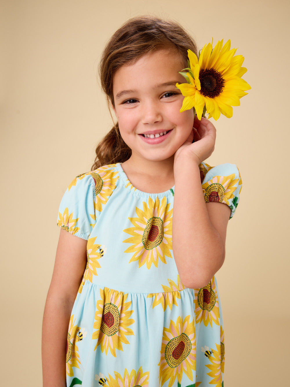 Tea Collection Puff Sleeve Empire Dress - Painted Sunflowers