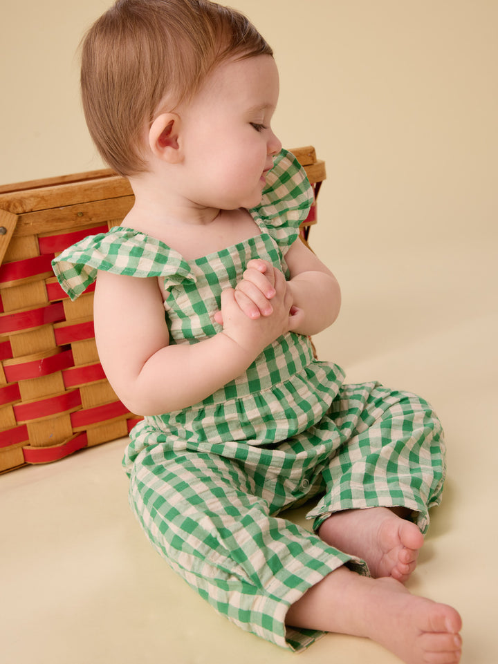 Tea Collection Flutter Button Back Baby Romper - Garden Party Check