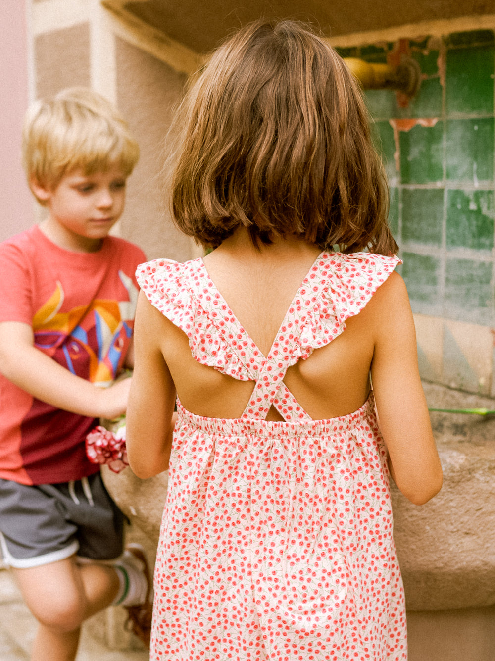 Tea Collection Ruffle Strap Dress - Mini Rose Toss