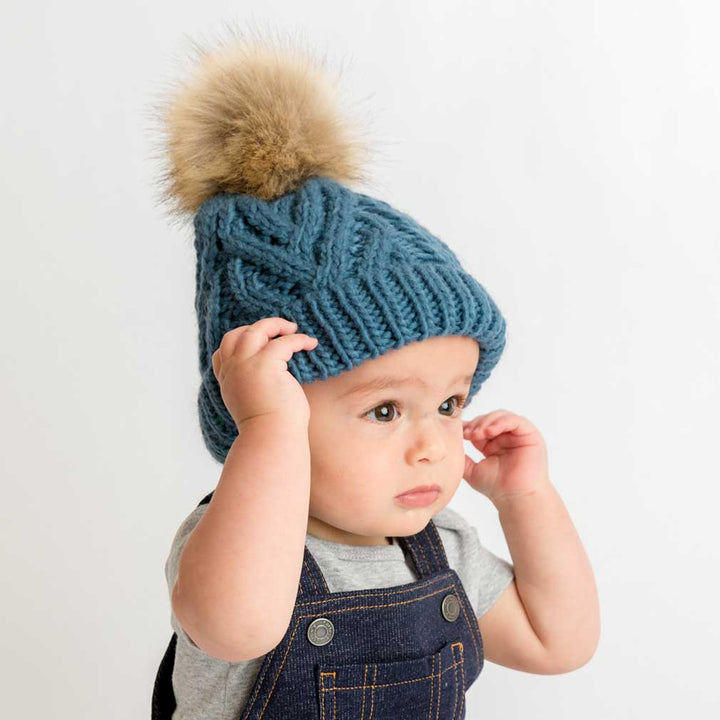 Huggalugs Slate Blue Pop Pom Pom Beanie Hat Baby & Kids