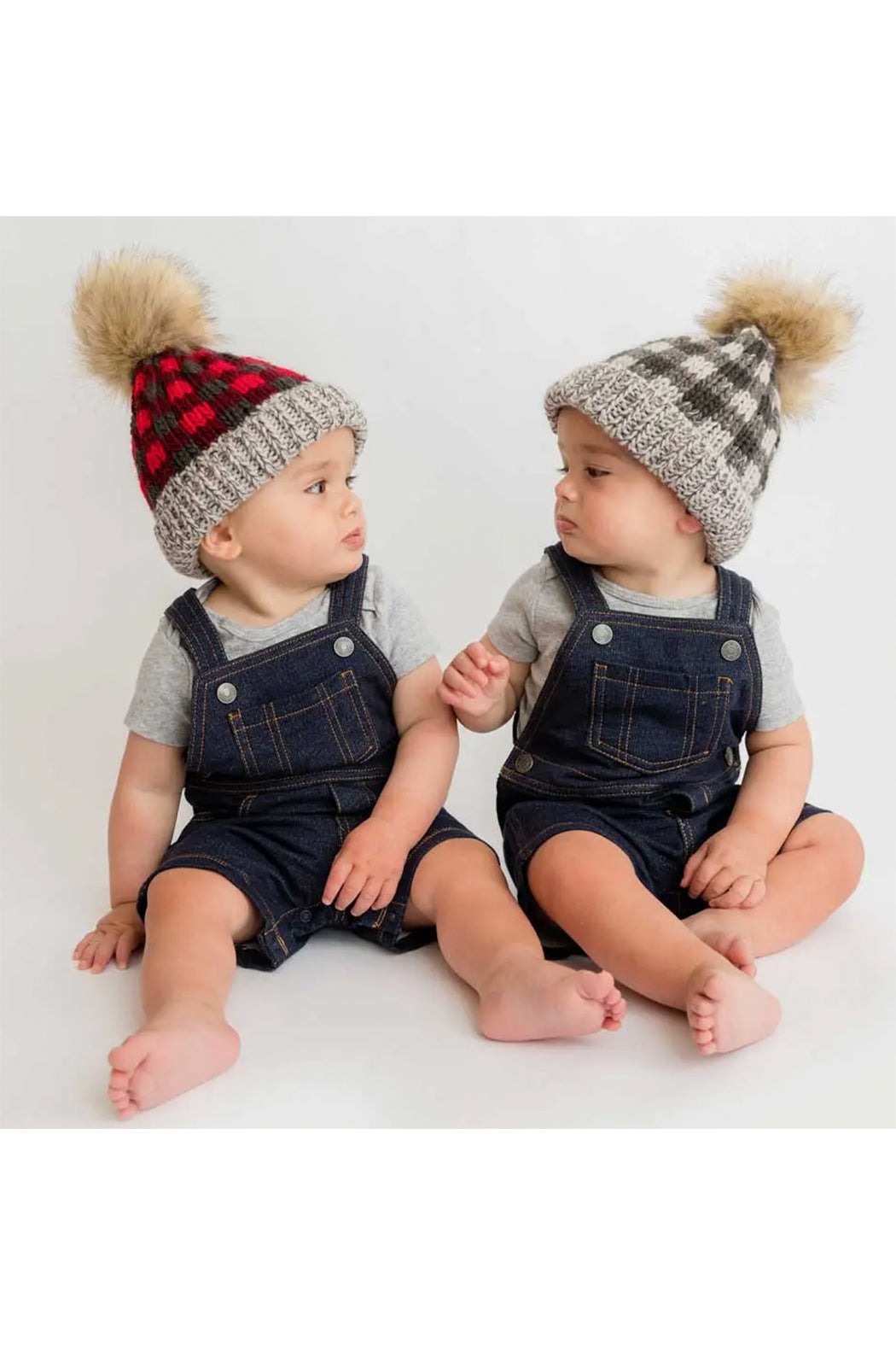 Huggalugs Grey Buffalo Check Pom Pom Beanie Hat