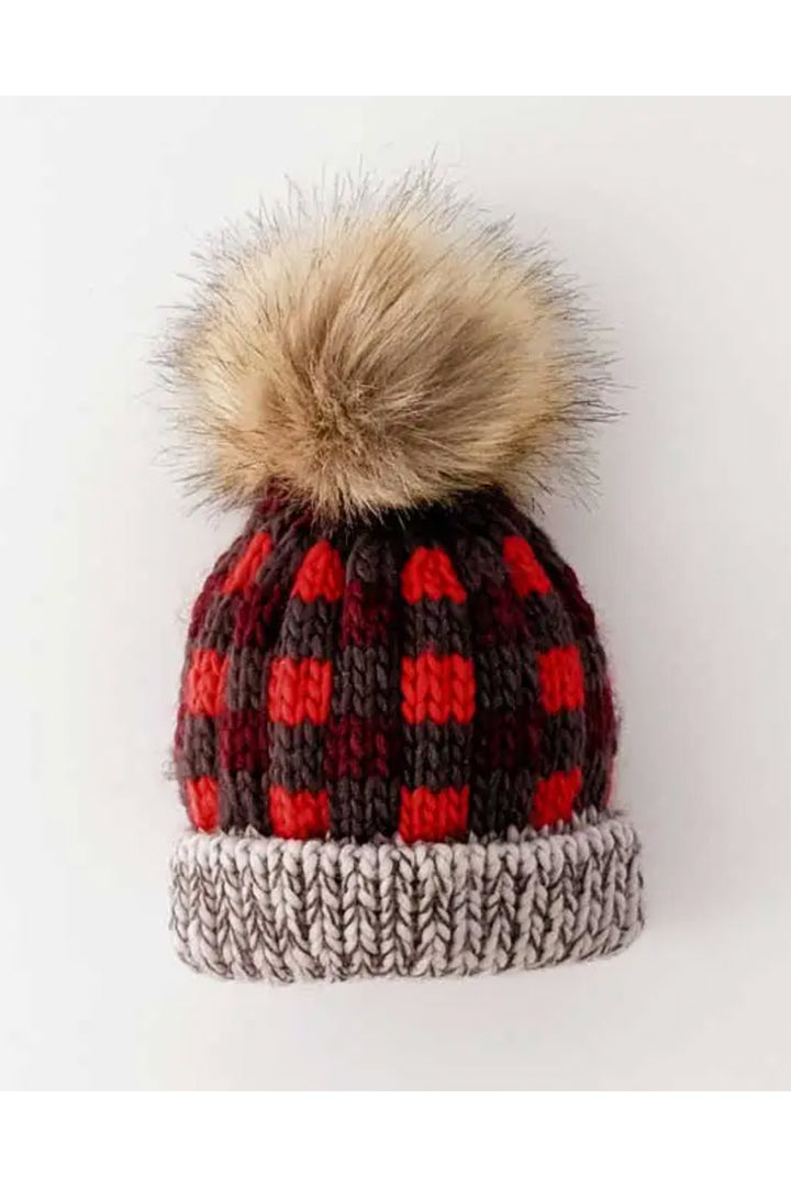 Huggalugs Red Buffalo Check Pom Pom Beanie