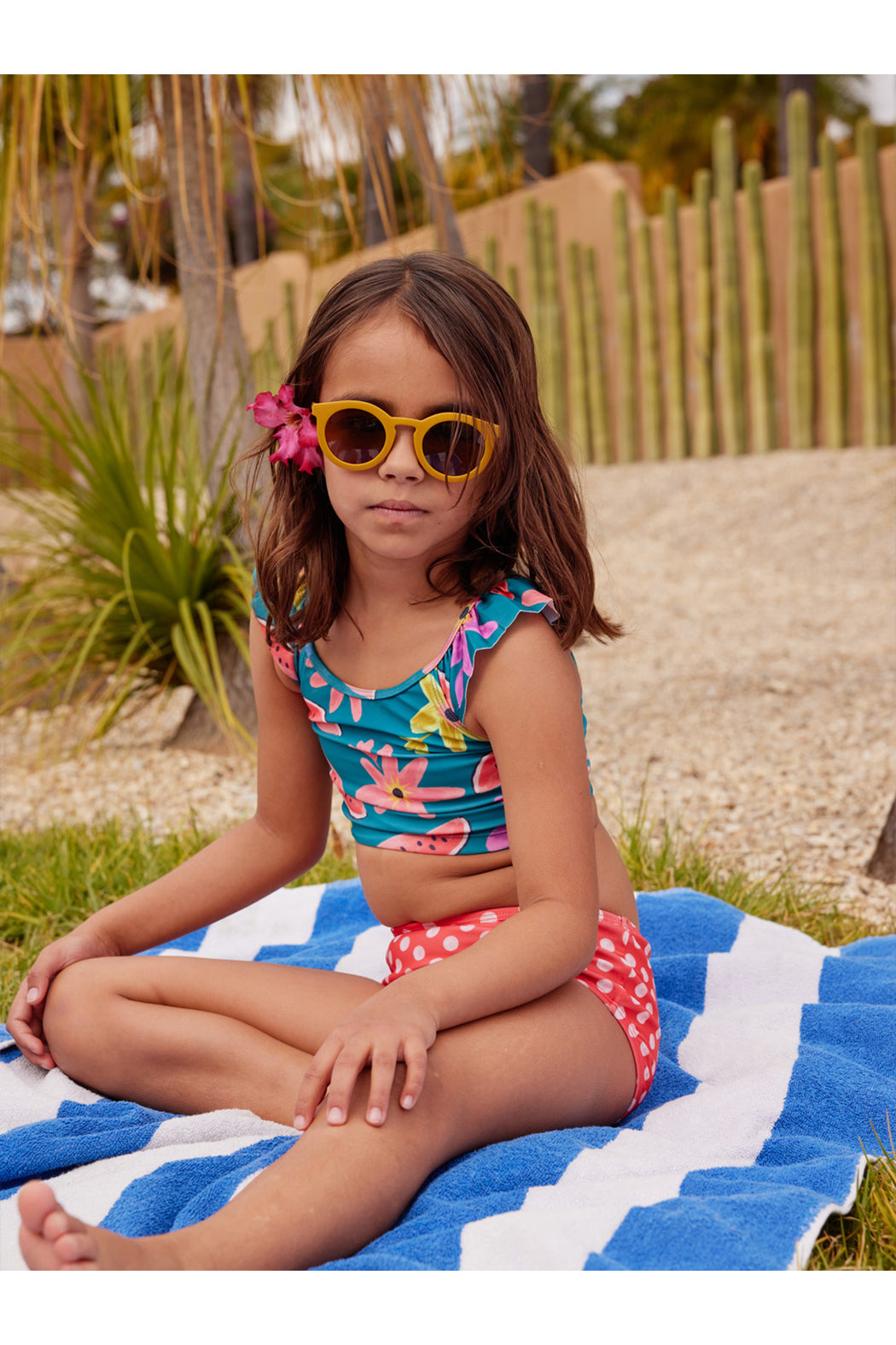 Tea Collection Ruffle Sleeve Tankini Swimsuit - Watermelon Floral/Polka Dot Red