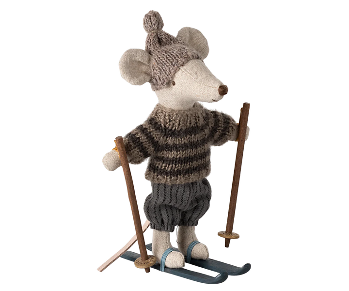 Maileg Winter Mouse With Ski Set Big Brother - Grey