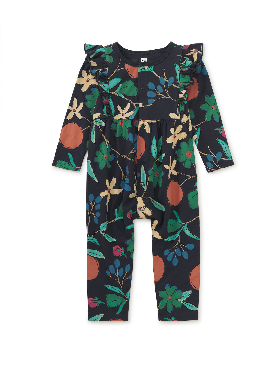 Tea Collection Snap Front Ruffle Baby Romper - Tea Floral