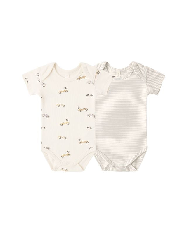 Quincy Mae Short Sleeve Bodysuit Pack - Race Car/Oat Micro Stripe