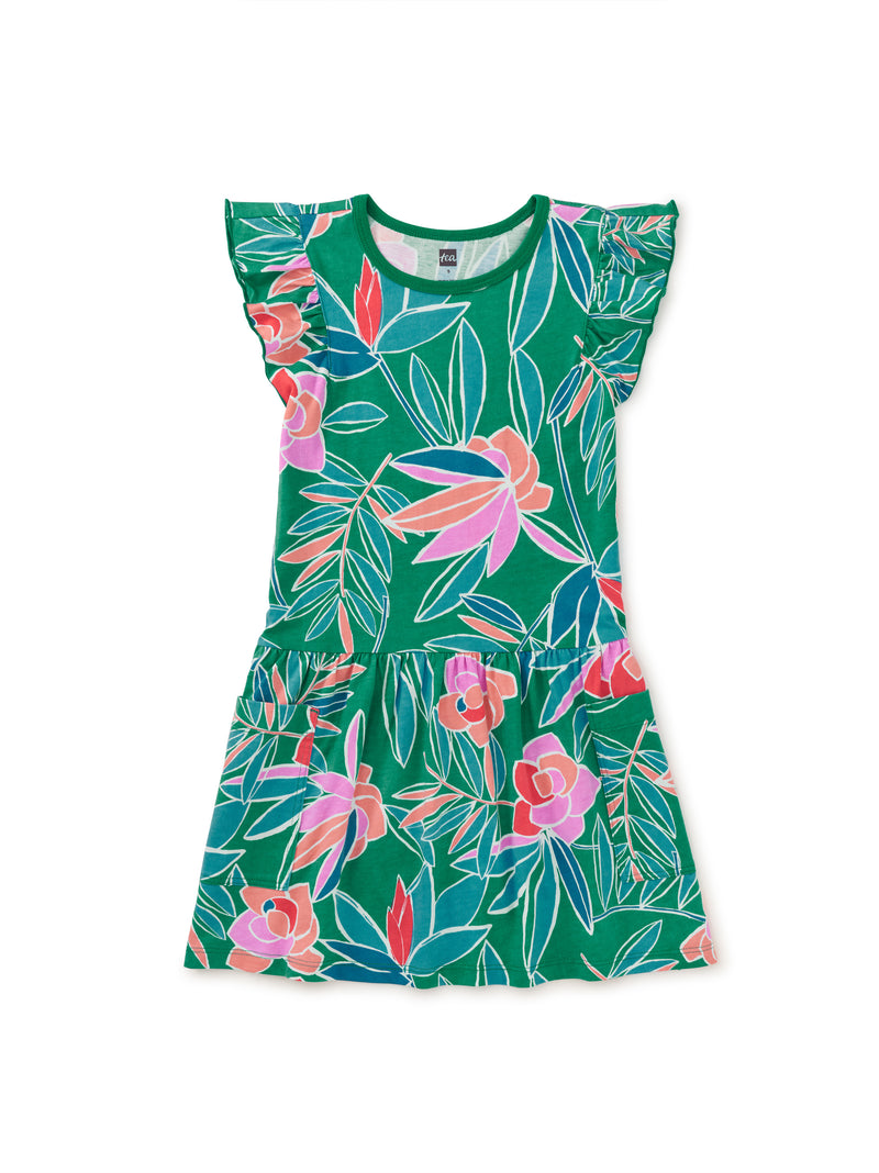 Tea Collection Flutter Sleeve Pocket Dress - Tropical Gardenias