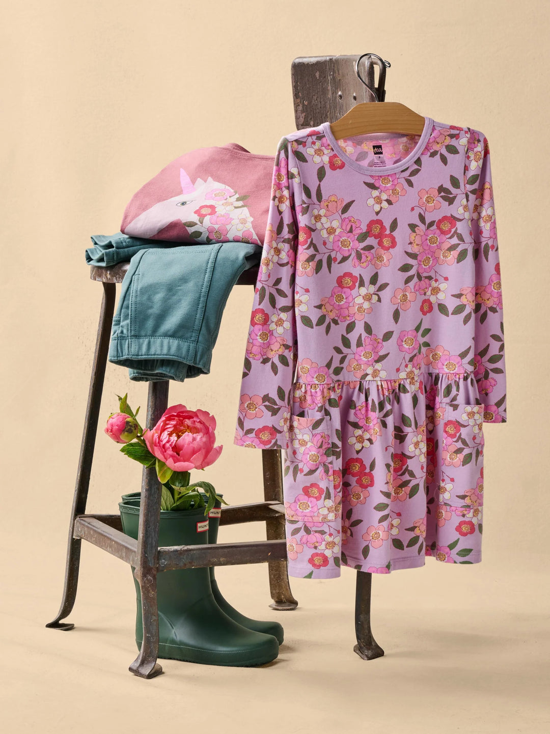 Tea Collection Long Sleeve Pocket Dress - Rosa Canina