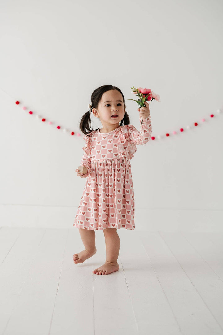 Babysprouts Checkered Hearts Long Sleeve Ruffle Dress