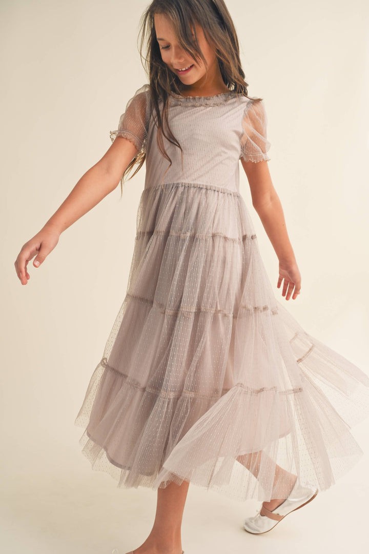 Heart And Arrow Puff Sleeve Tiered Midi DressT