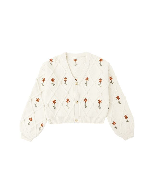 Rylee + Cru Boxy Crop Cardigan - Winter Daisy Embroidery