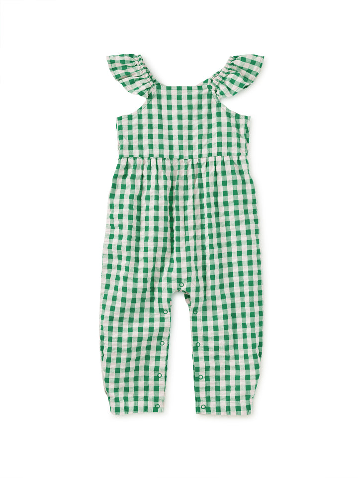 Tea Collection Flutter Button Back Baby Romper - Garden Party Check
