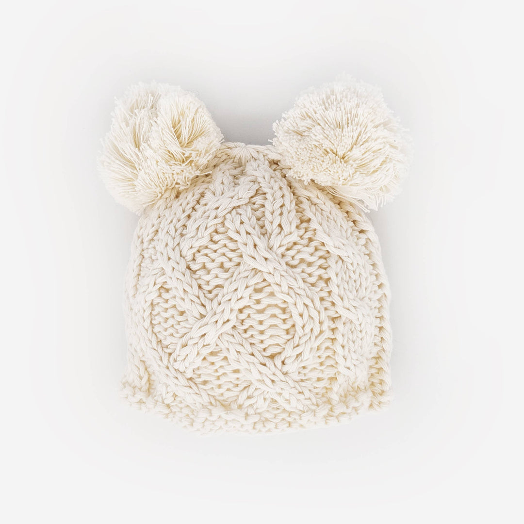 Huggalugs Newborn Baby Aran Natural Double Pom Pom Beanie