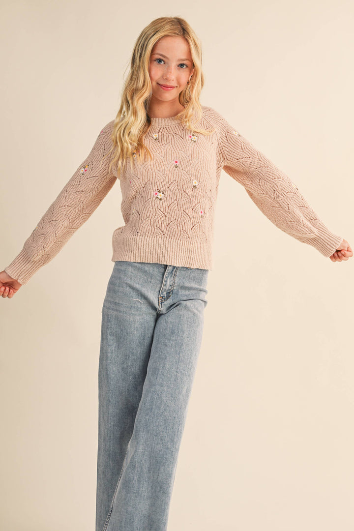 Heart And Arrow Embroidered Floral Pointelle Sweater