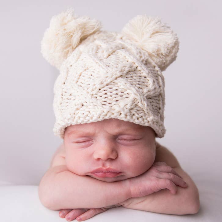 Huggalugs Newborn Baby Aran Natural Double Pom Pom Beanie