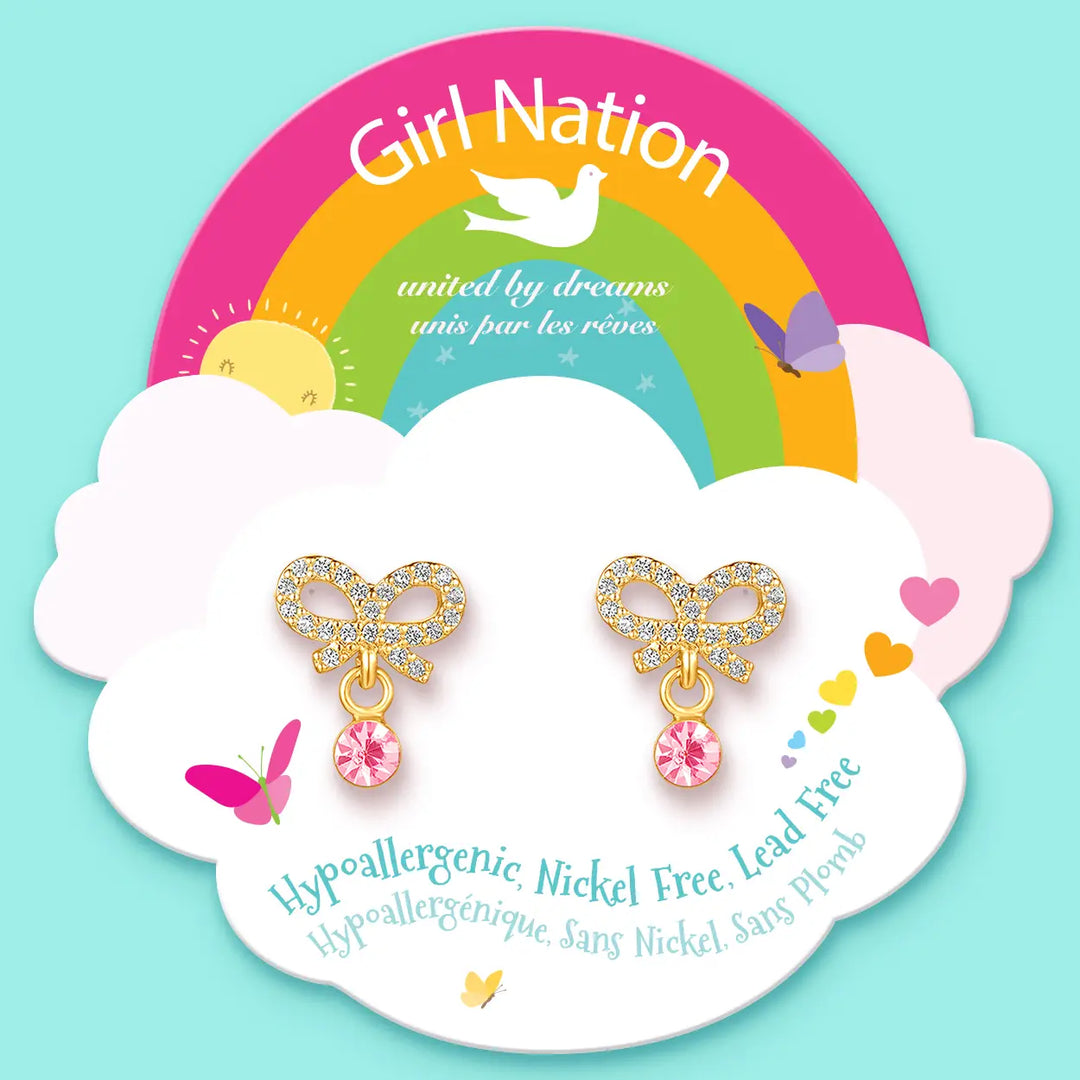Girl Nation Crystal Bow Cutie Stud Earrings with Cz