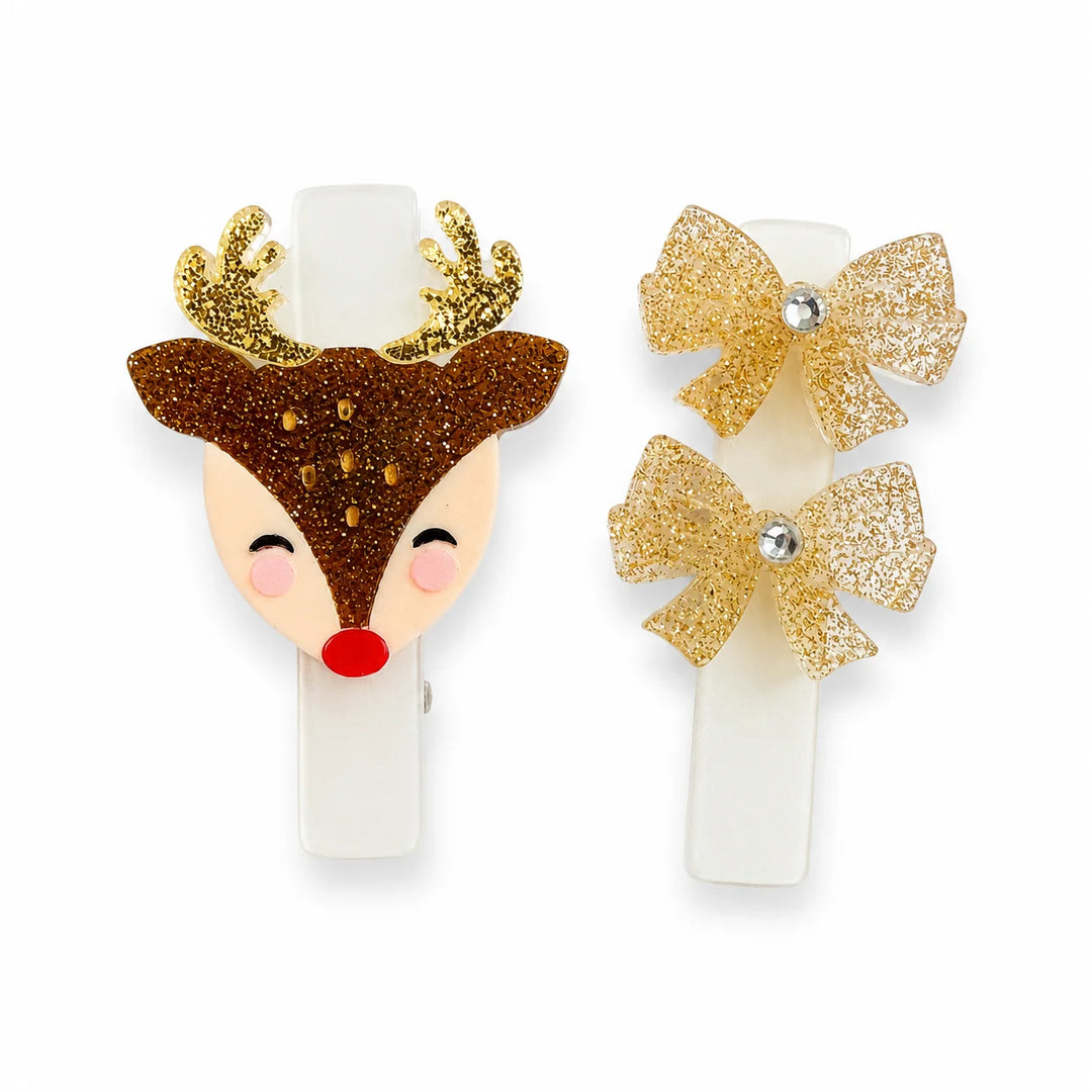 Lilies & Roses Glitter Bows Hair Clips -  Reindeer