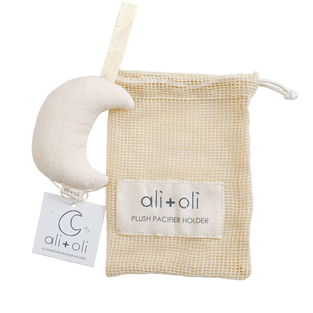 Ali + Oli Plush Moon Pacifier Holder - Muslin Ivory