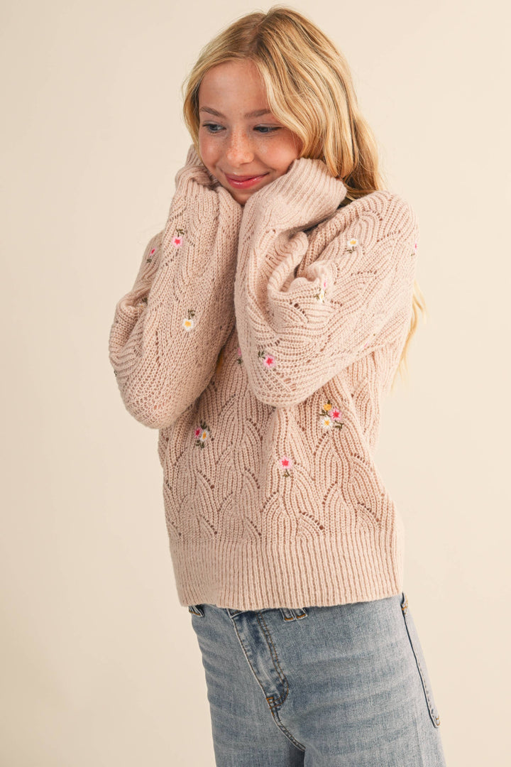Heart And Arrow Embroidered Floral Pointelle Sweater