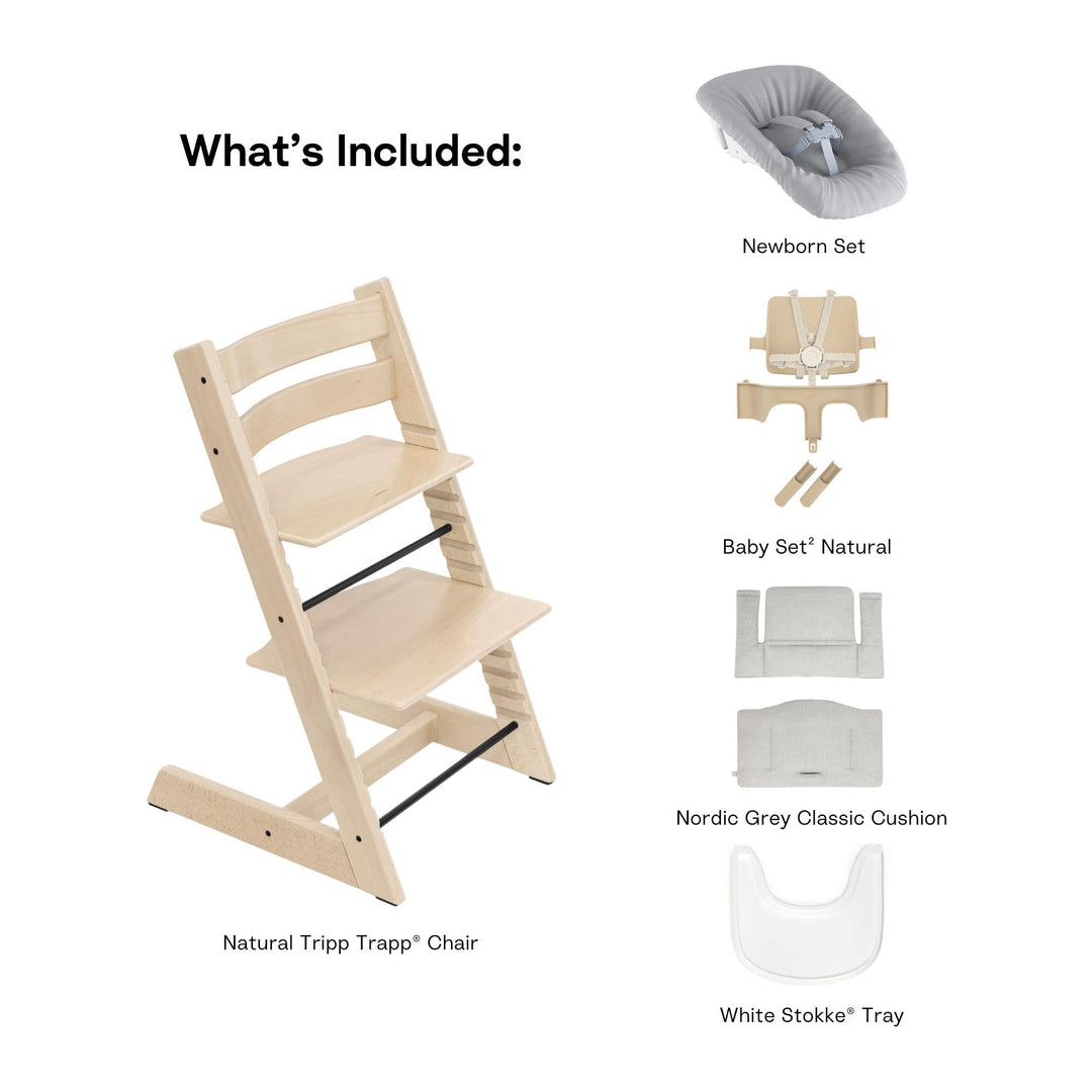 tripp trapp stokke natural Stokke Tripp Trapp High Chair² with Cushion, Tray and Newborn Set, White + Nordic Grey Cushion