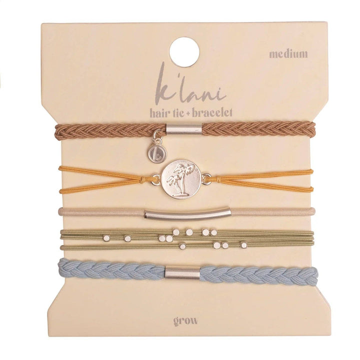 K'lani  "Grow" Earthy Toned Silver Palm Tree Charm Hair Tie Bracelets