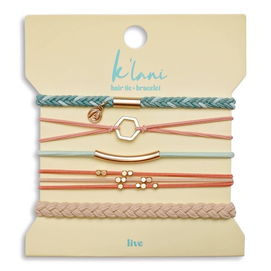 K'lani  "Live" Teal and Coral with Gold Accent Hair Tie Bracelets