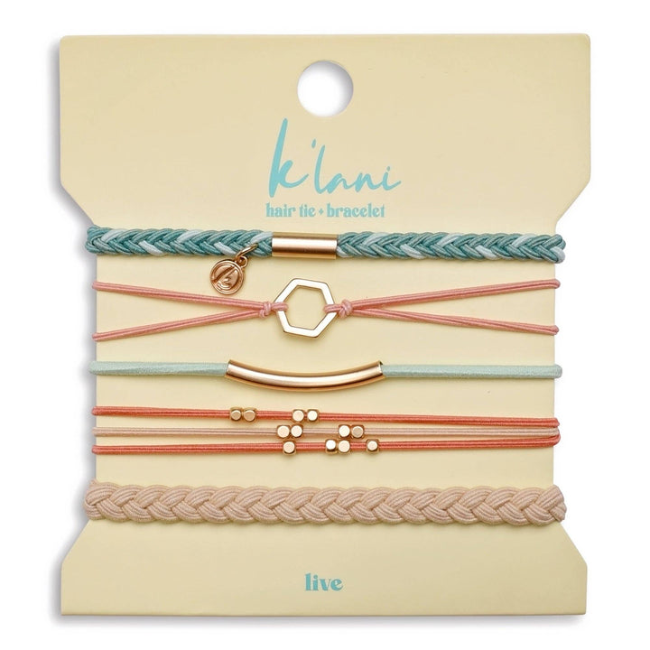K'lani  "Live" Teal and Coral with Gold Accent Hair Tie Bracelets