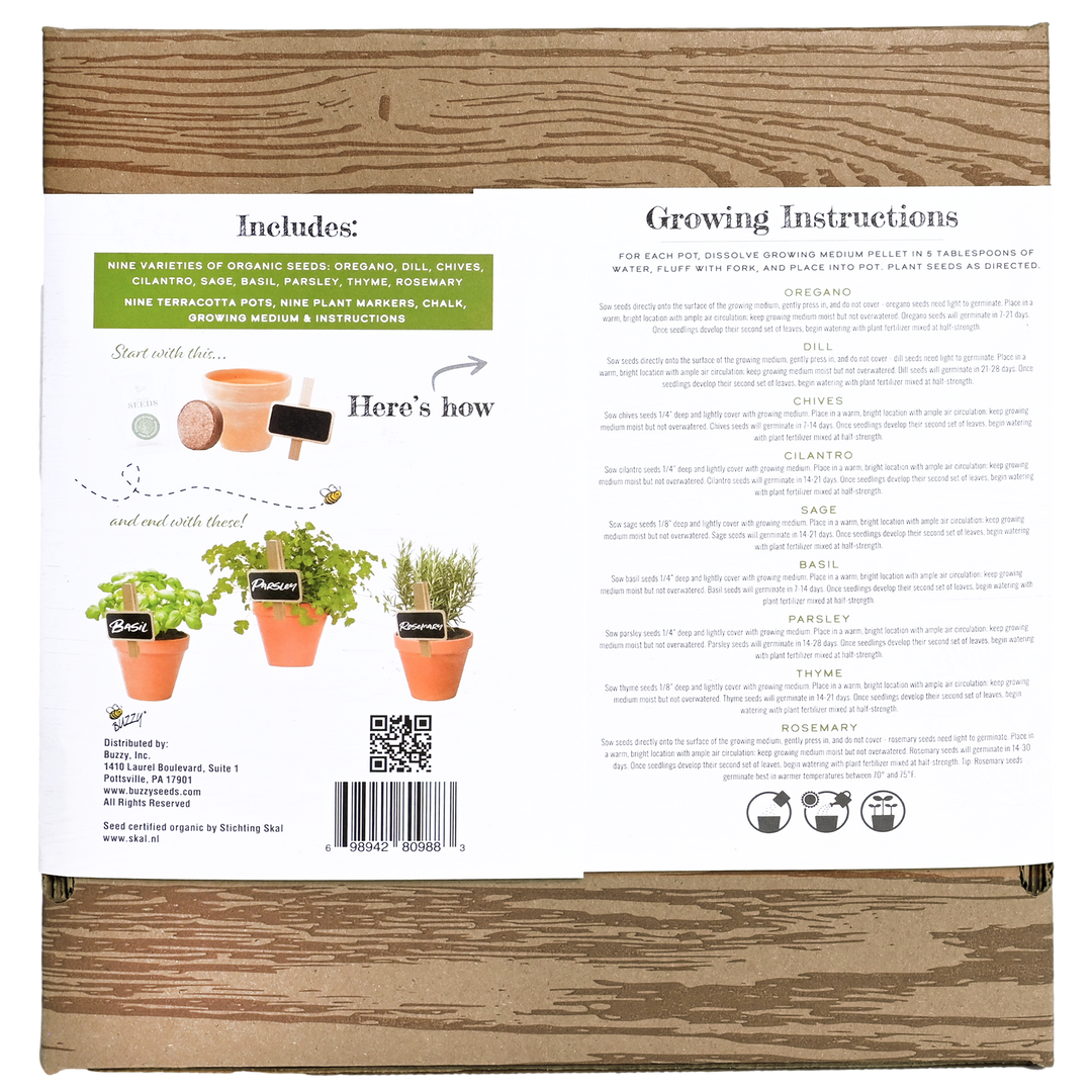 Buzzy Seeds Grow Gifts Organic Herb Starter Kit - Garden Workshop Kit | 9 Herbs